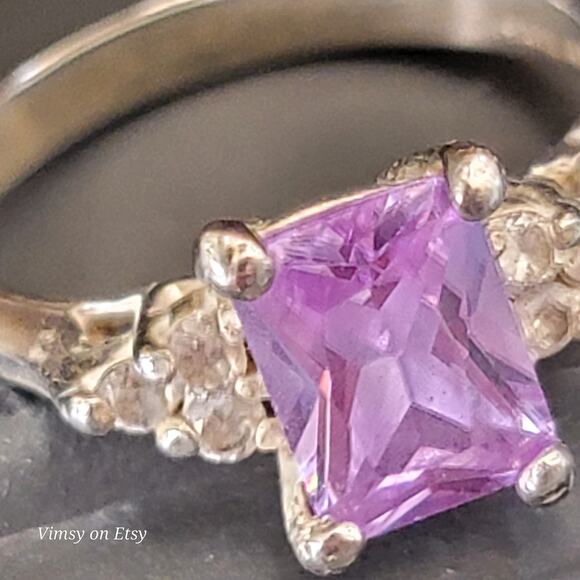 Classic Cut Sterling Silver Amethyst Ring with Crystal Accents, Size 6 1/2 - Picture 3 of 10